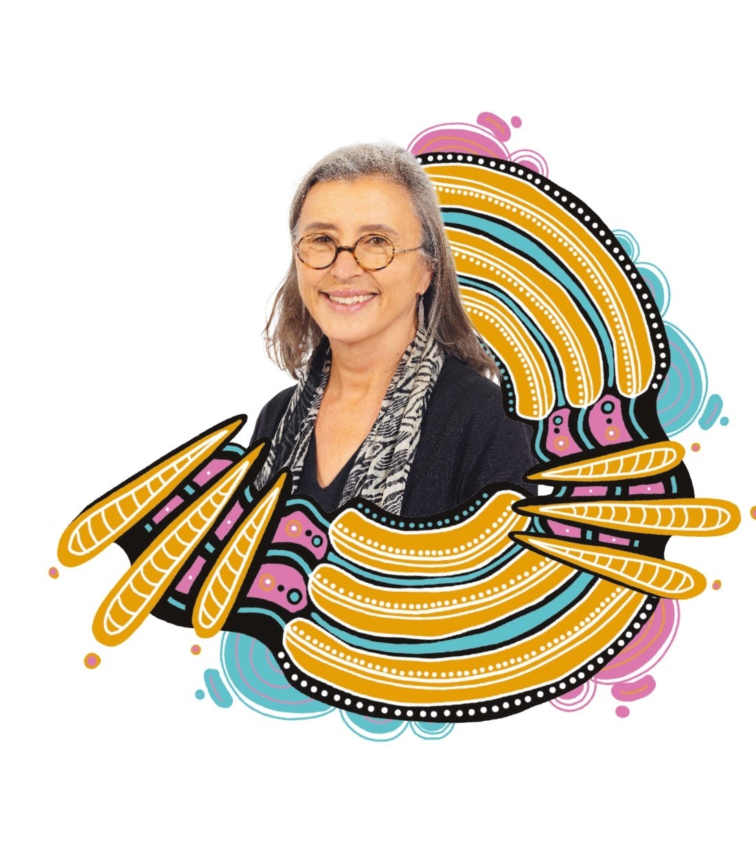 Portrait of Professor Lisa Jackson Pulver with Aboriginal artwork framing in pink, black, yellow and blue