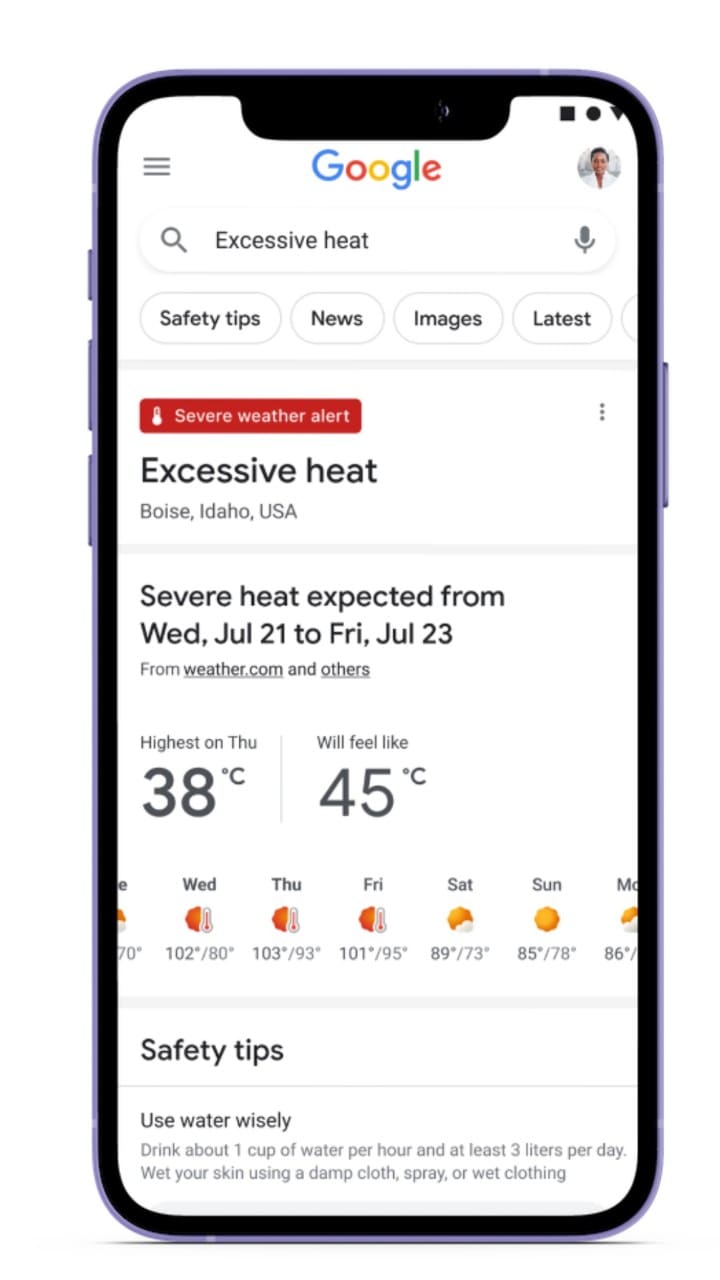Phone screen showing heat advisories 