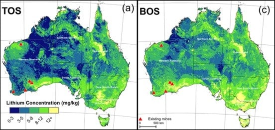 Map showing predicted lithium concentrations in upper sediment (TOS) 0–10 cm and lower sediment (BOS) 60–80 cm. 
