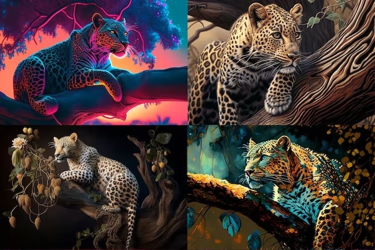 AI-generated images of a leopard in a tree
