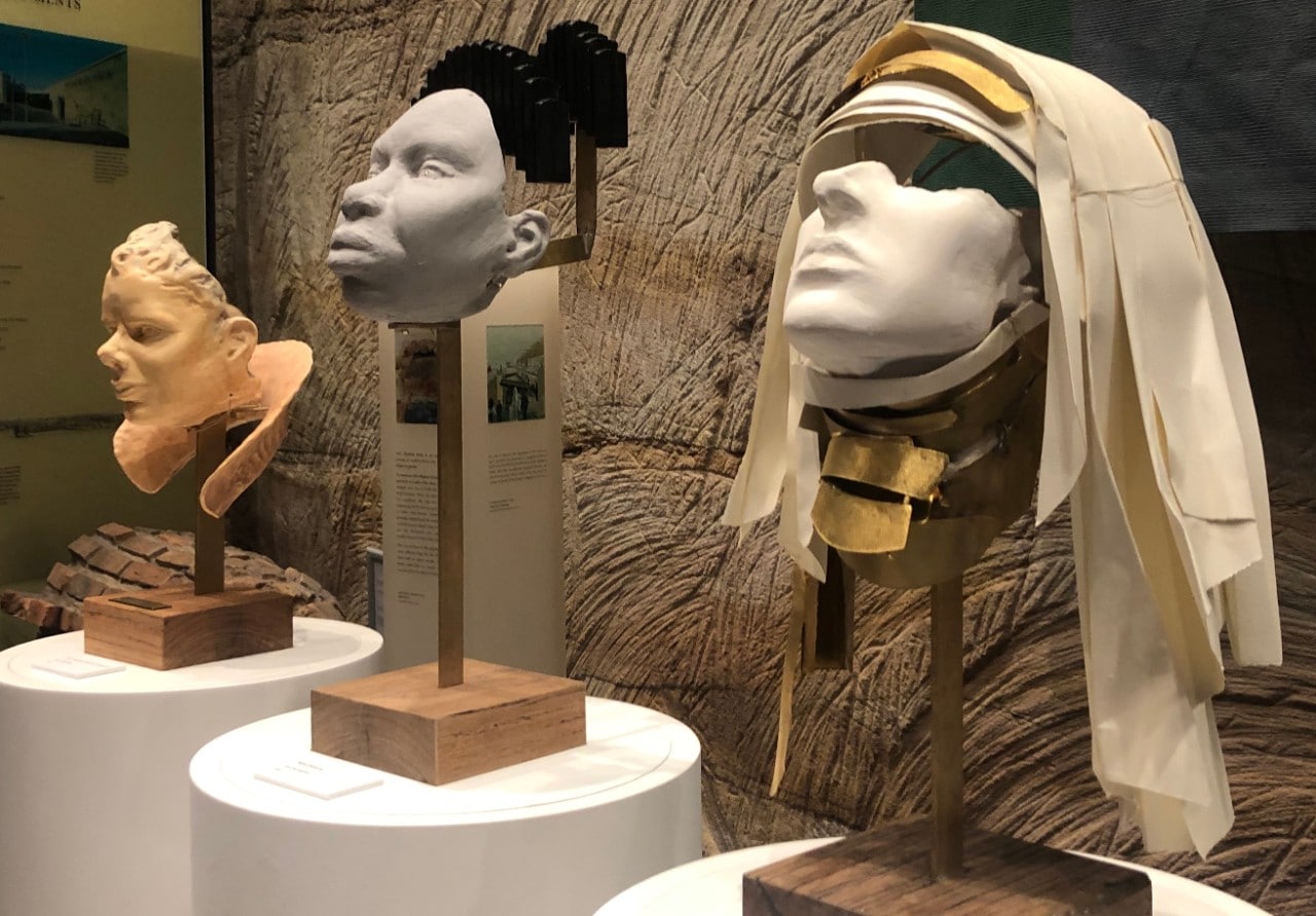 three busts or small statues of women's heads on podiums, they are jazz singer Nina Simone, 12th-century Benedictine abbess Hildegard of Bingen, and First Nations composer Deborah Cheetham Fraillon.