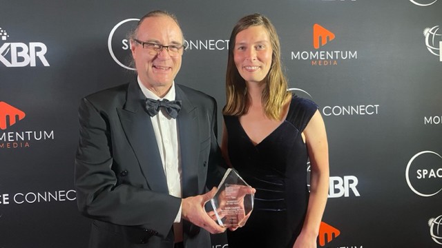 Professor Iver Cairns (left) with CUAVA PhD student Savannah McGuirk at the awards ceremony.