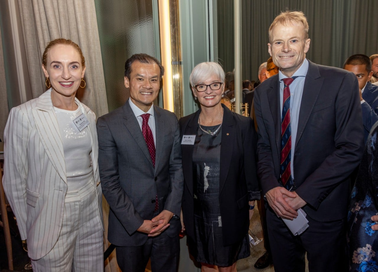 Four people together at the gala event: Professor Georgina Long, Minister Anoulack Chanthivong, Professor Emma Johnston and Professor Richard Scolyer 