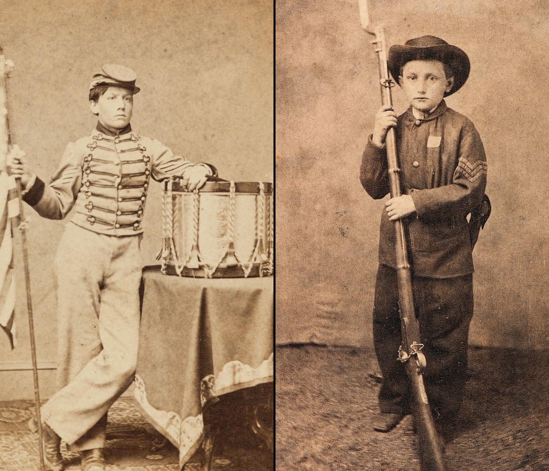 two historical photos of very young drummer boys in army uniforms looking at the camera
