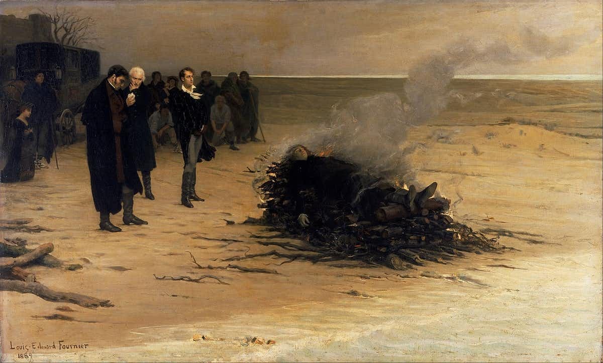 Mary Shelley (kneeling far left), Edward John Trelawny, Leigh Hunt and Lord Byron at the funeral of Percy Bysshe Shelley in 1882, painted by Louis Édouard Fournier c1889. 