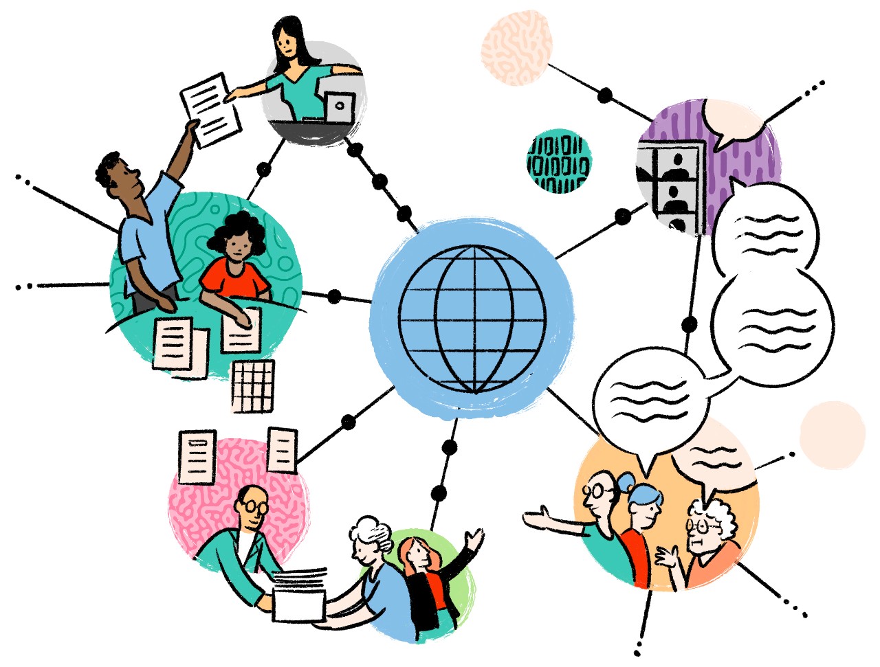 Surrounding a line drawing of a globe are people working together depicted in interlinked circles, documents are passed between the circles