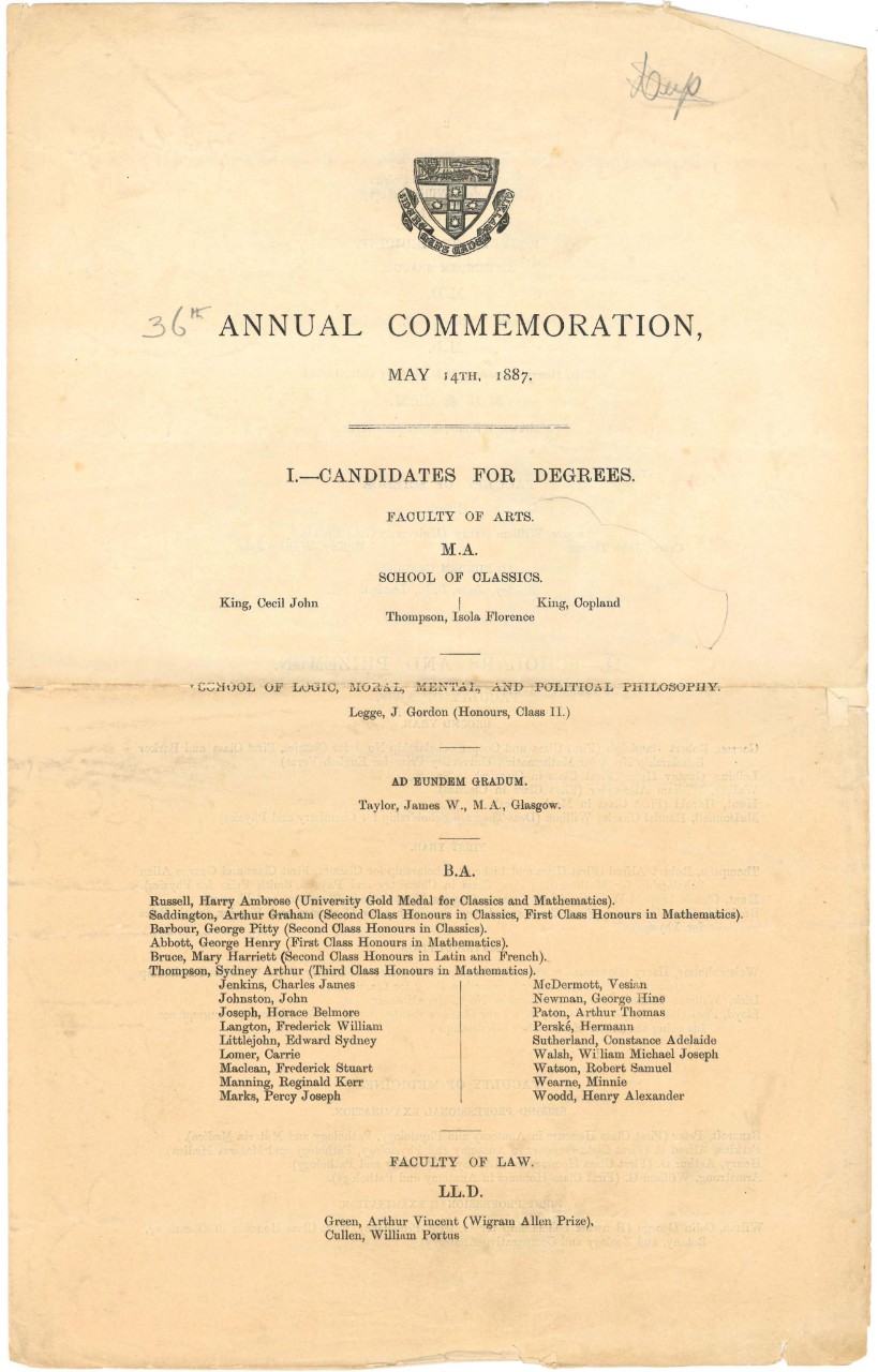 A graduation ceremony booklet from 1887 showing Isola Florence Thomas graduating from an MA. 