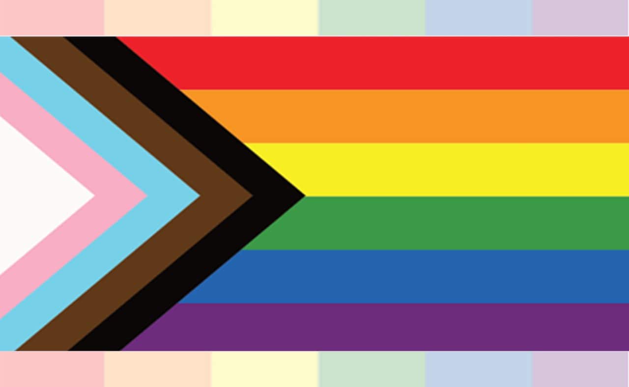 Progress flag. Rainbow flag with white, pink, blue, brown and black concentric triangles on the left side