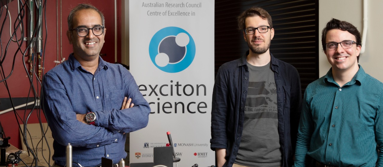 In the lab (from left): Dr Girish Lakhwani, Dr Stefano Bernardi and Dr Randy Sabatini. Photo: Stefanie Zingsheim/University of Sydney