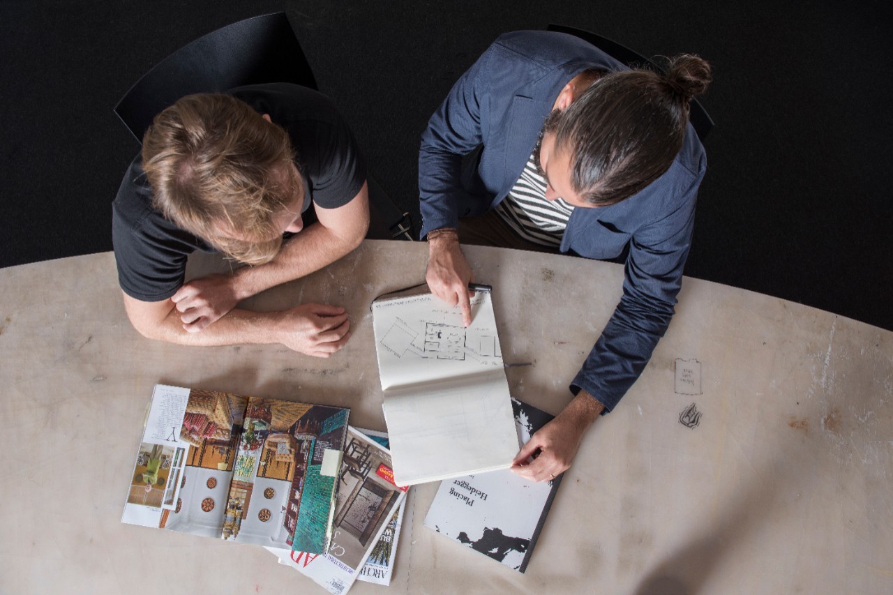 aerial view of students working at a desk