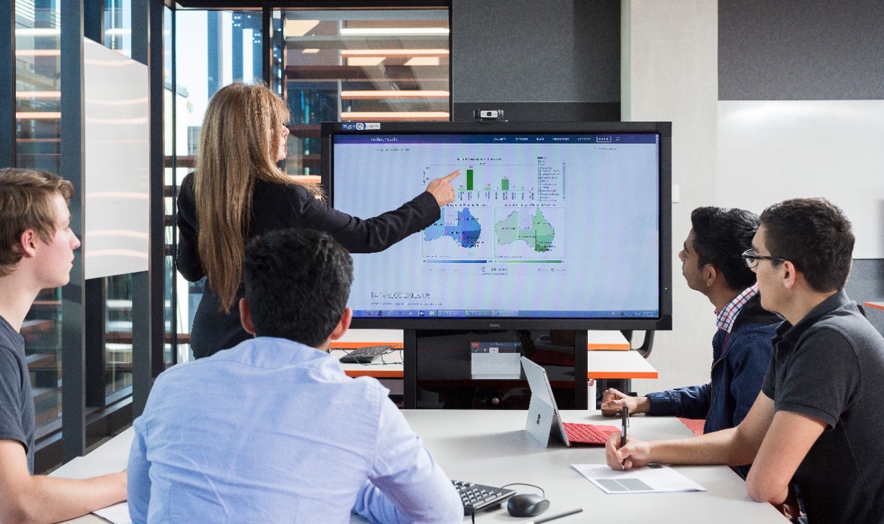 Students working in group in front of computer