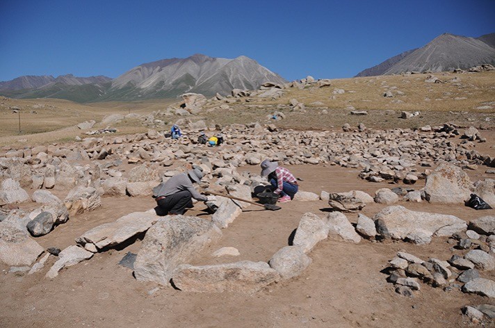 North-western Xinjiang: the entrance to a Bronze Age winter camp. The gaps between the parallel lines of stones were filled with packed mud to provide thick wind-proof protection from blizzards. 