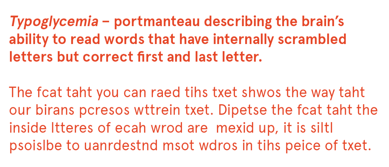 An image displaying a sentence that has internally scrambled letters but correct first and last letter.