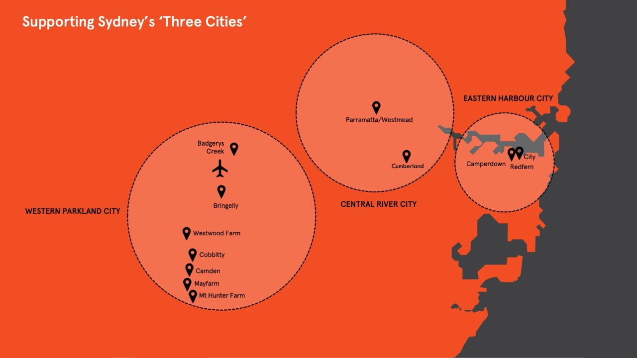 Map showing Sydney's three cities: Central River City, Western Parkland City and Eastern Harbour City.