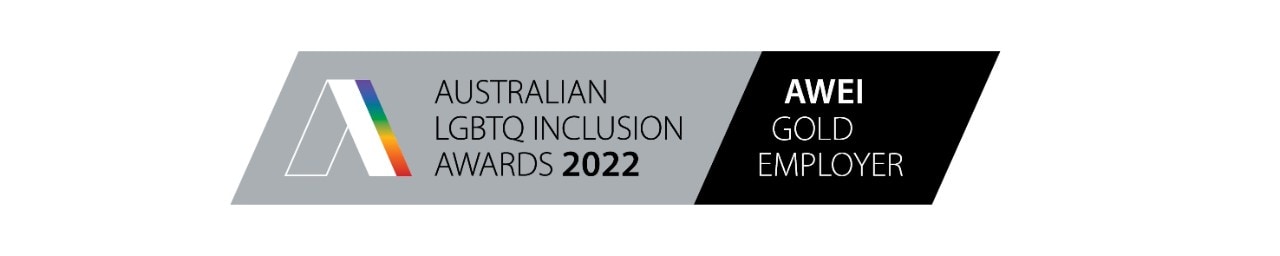 Logo that reads "Australian LGBTIQ Inclusion Awards 2021, AWEI Gold Employer"