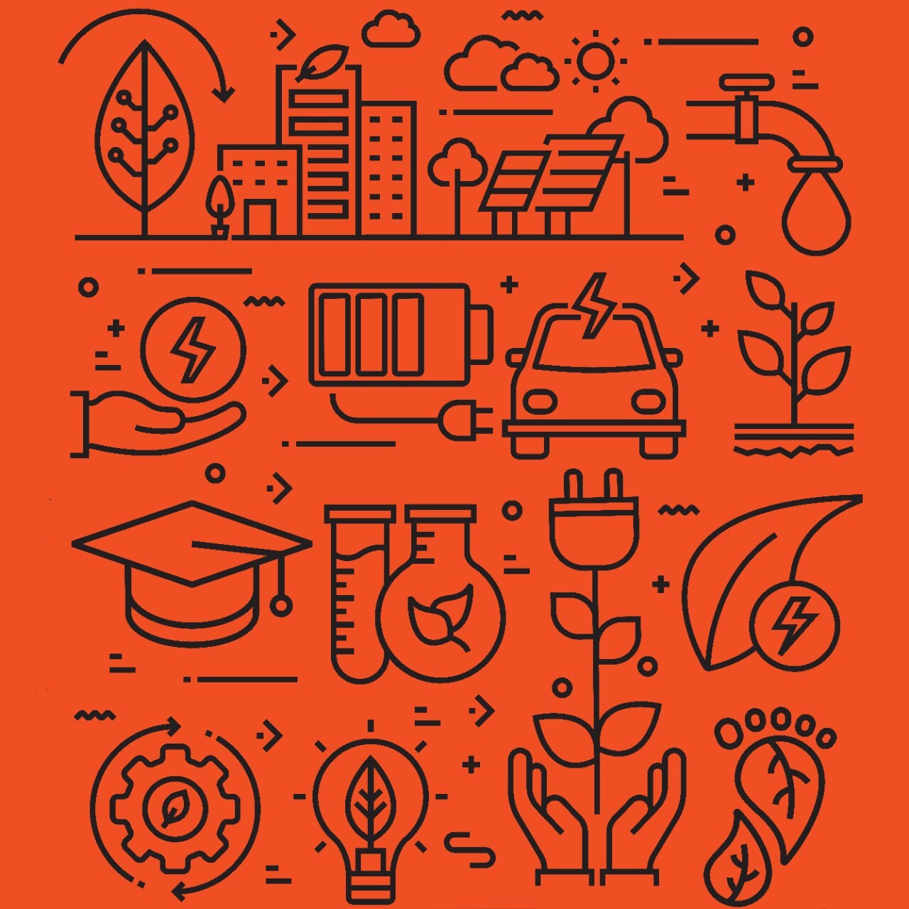 Orange background with series of sustainability icons