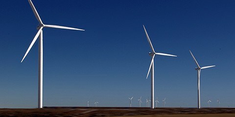 An image of wind turbines in a field.