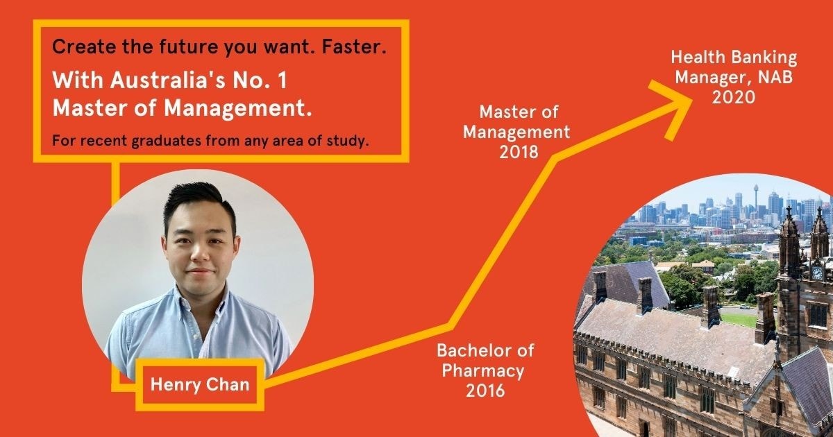 A timeline of Henry Chan's career, showing his path from a Bachelor of Pharmacy in 2016 to a Master of Management in 2018 and a role as Health Banking Manager at NAB in 2020