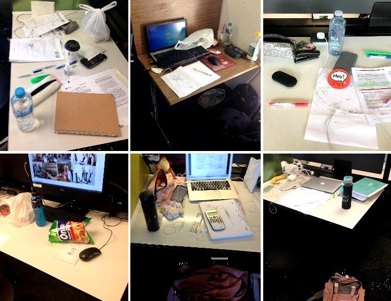 Desk littered with rubbish.