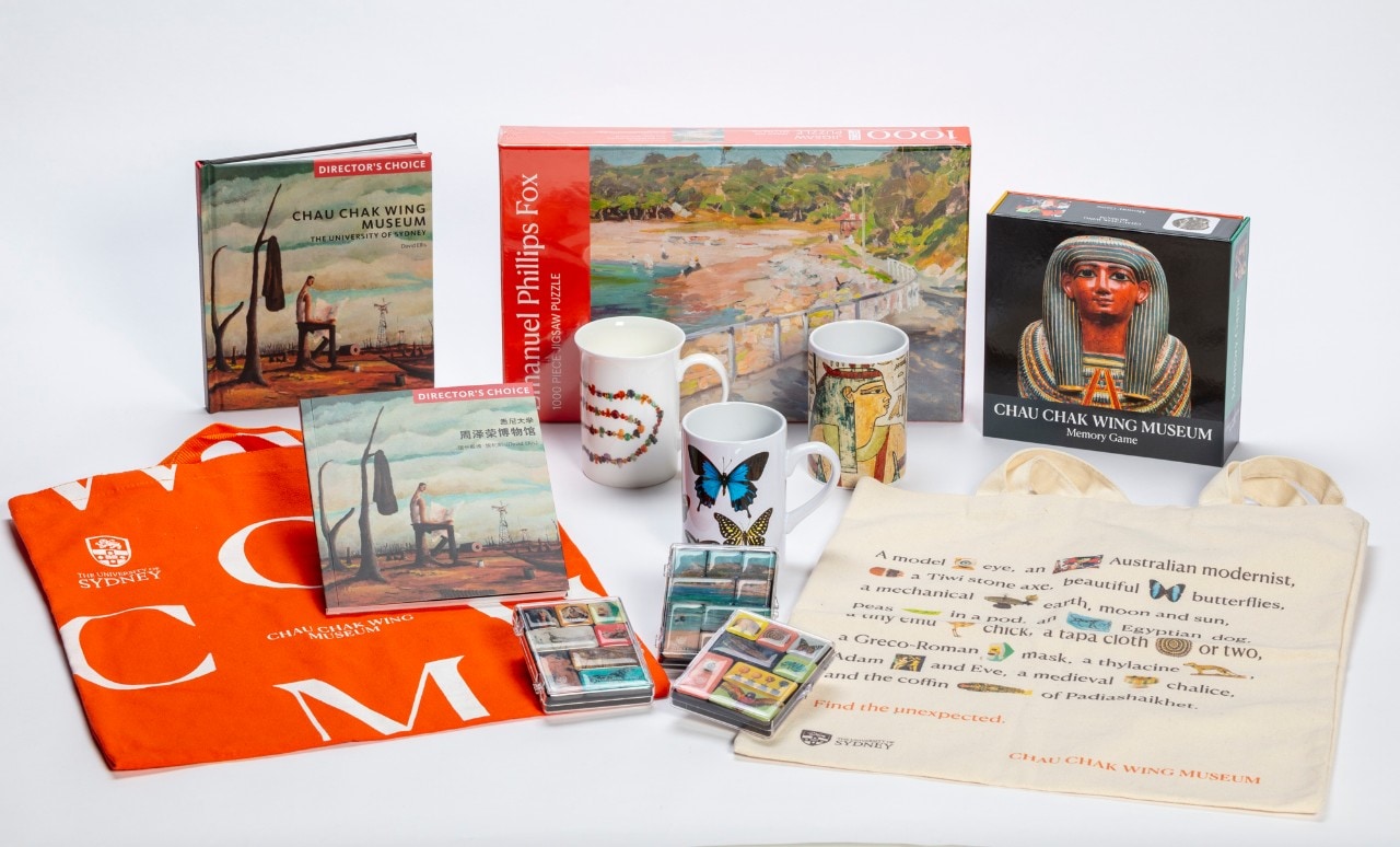 Books, a puzzle, mugs, tote bags and magnets from the museum