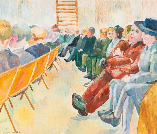 A drawing by Grace Cossington Smith "Wardens' Meeting" 1943.