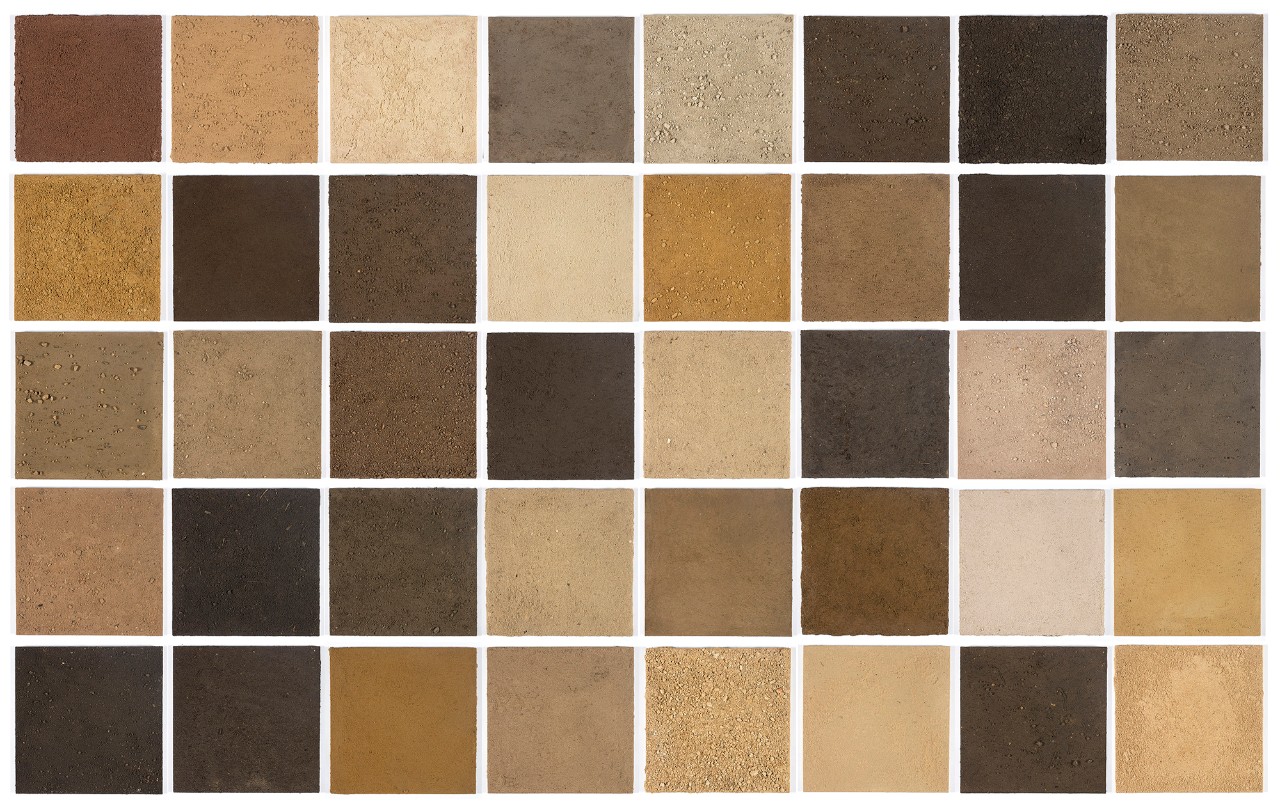 A series of squares showing different coloured earth collected around Sydney.
