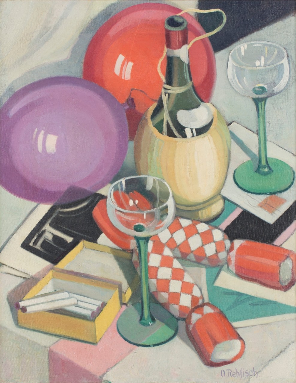 An oil painting depicting balloons, a wine bottle and glasses, bonbons and cigarettes.