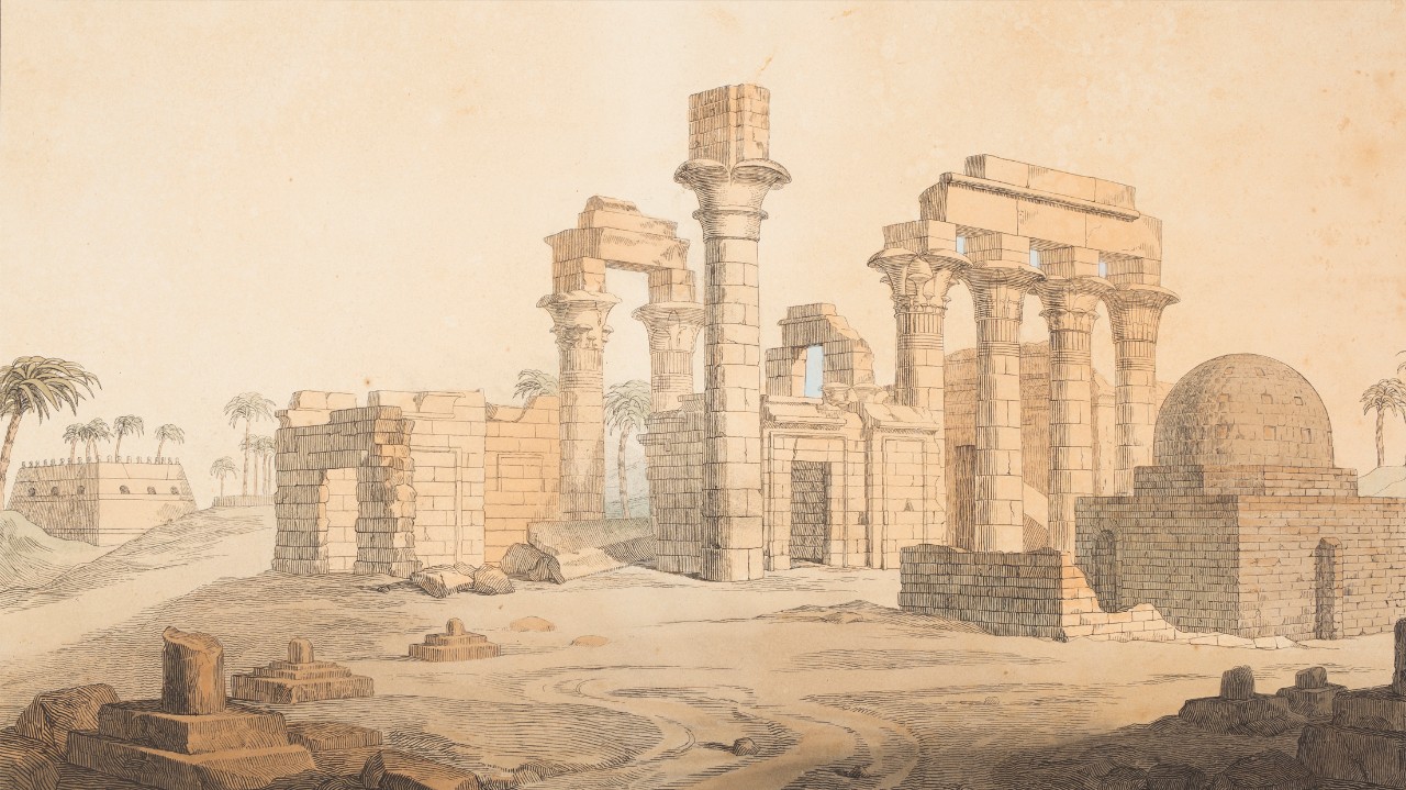Hand coloured lithograph showing a ruined temple