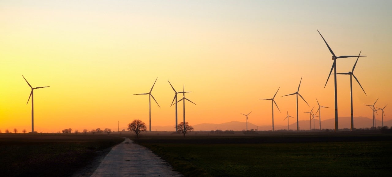A windfarm at sunset.