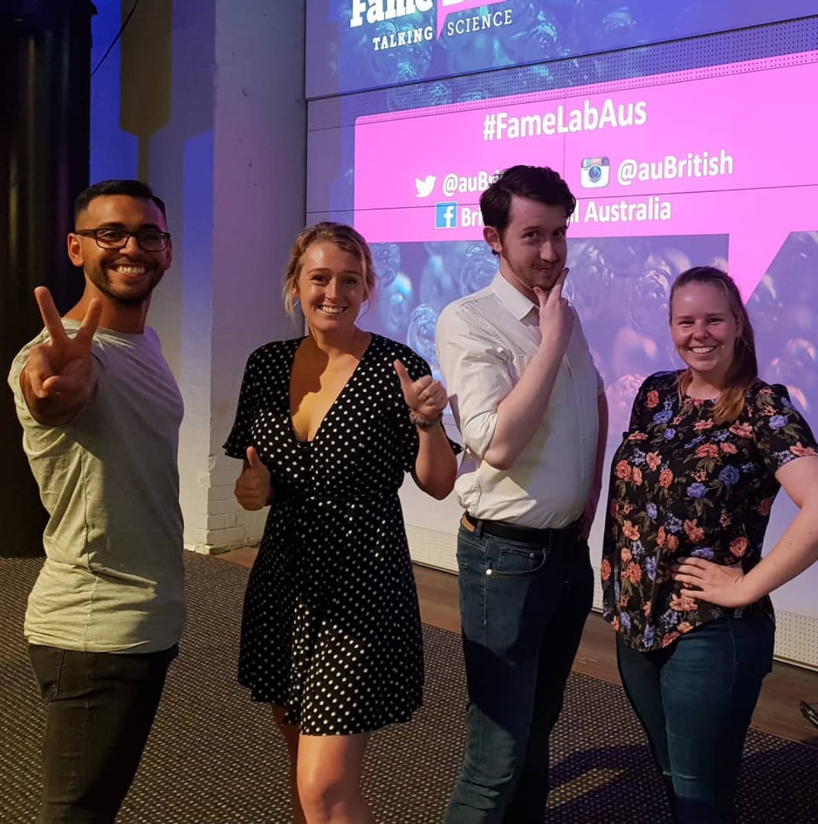 The University of Sydney FameLab Australia finalists: Alfonso Ballestas-Barrientos, Adrianne Jenner. Liam Scarratt and Kate Leslie. 