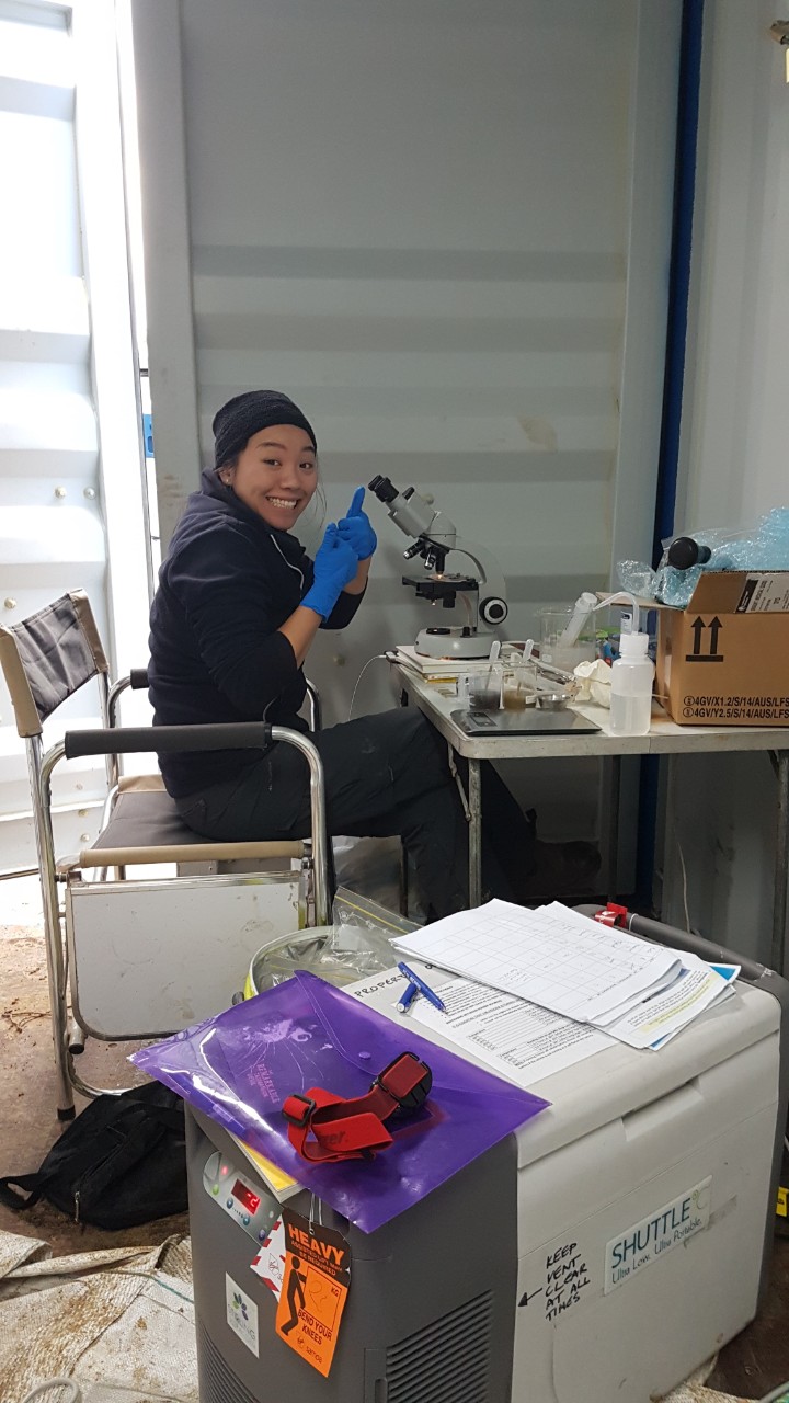 Rowena Chong processing samples in a shipping container