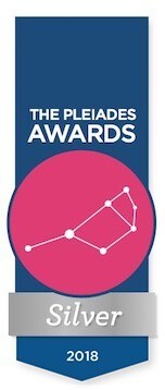 A blue banner with the words Pleiades Silver Award 2018 overlaid with a pink circle in which sits the constellation the award was named for.