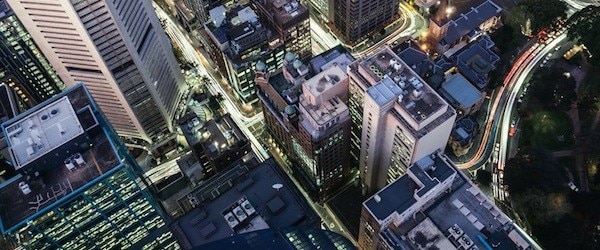 Image of a city from a bird's eye view at night time