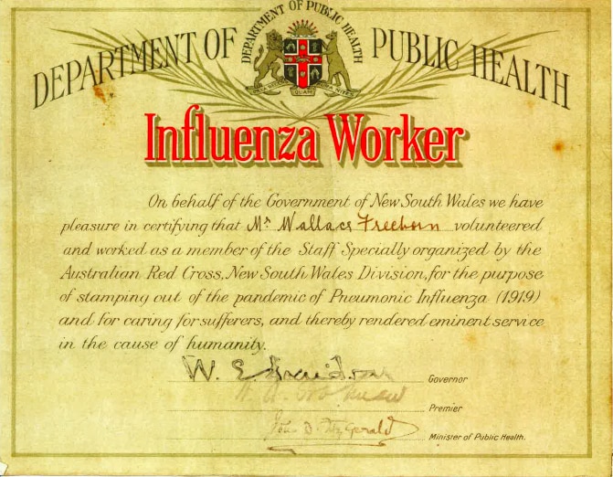 Volunteer influenza certificate – Wallace Freeborn (Courtesy of Archives and Heritage Collection, RNSH)