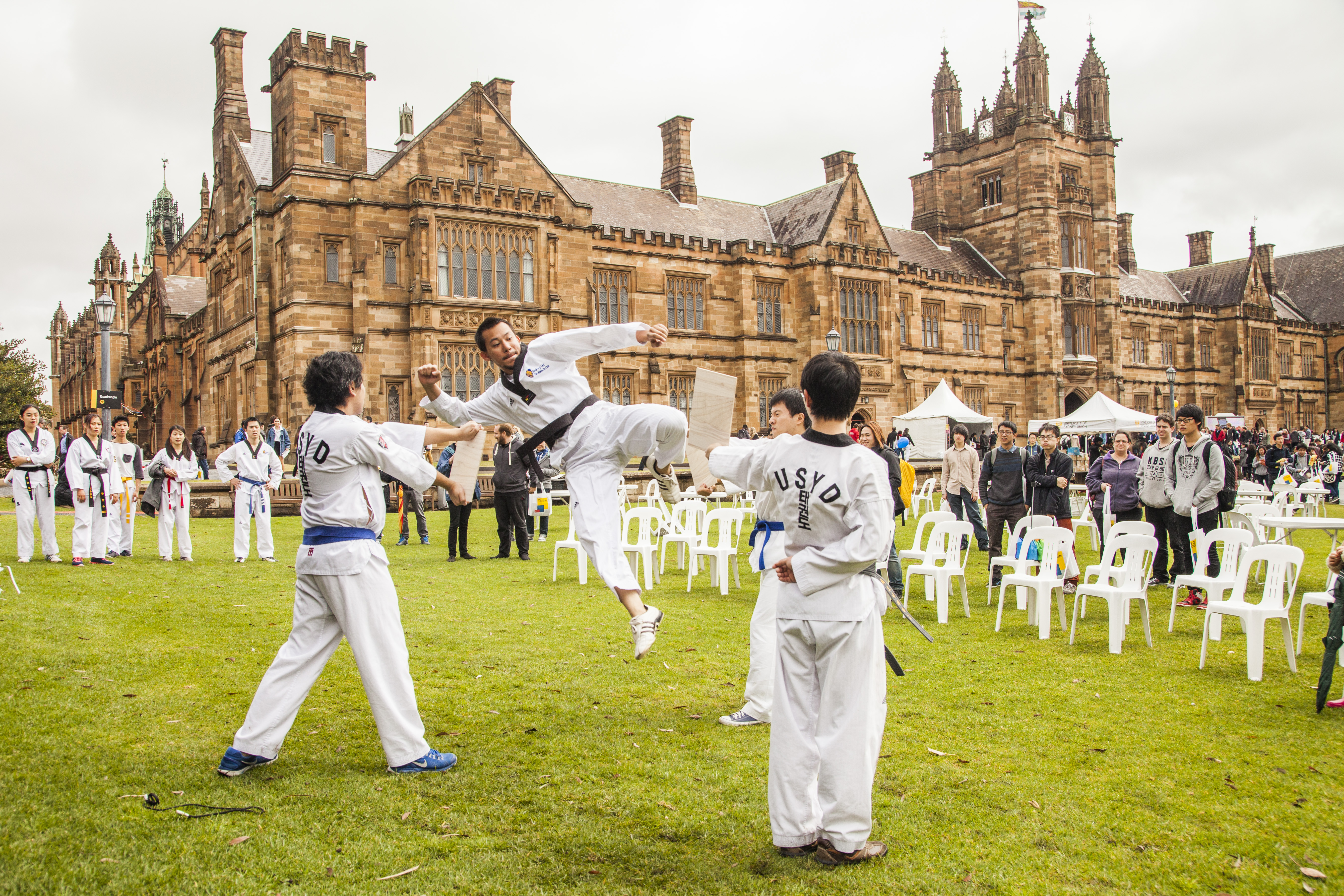 Students outside the Quad demonstrating karate