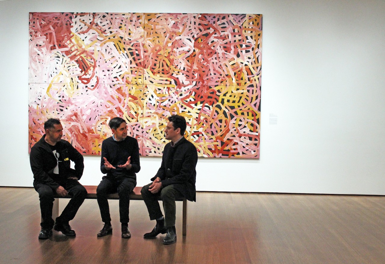 Stephen Gilchrist (centre) with artist Vernon Ah Kee (left) and Narayan Khandekar. 