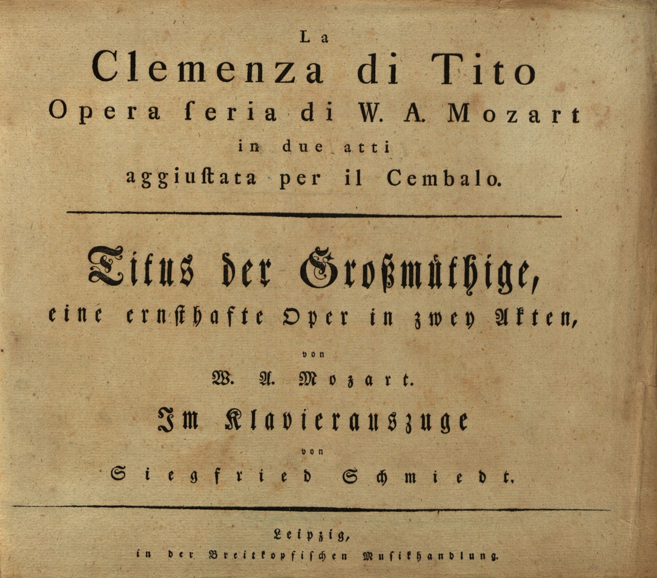 Image of Wolfgang Amadeus Mozart's vocal score of Clemenza di Tito. 1795