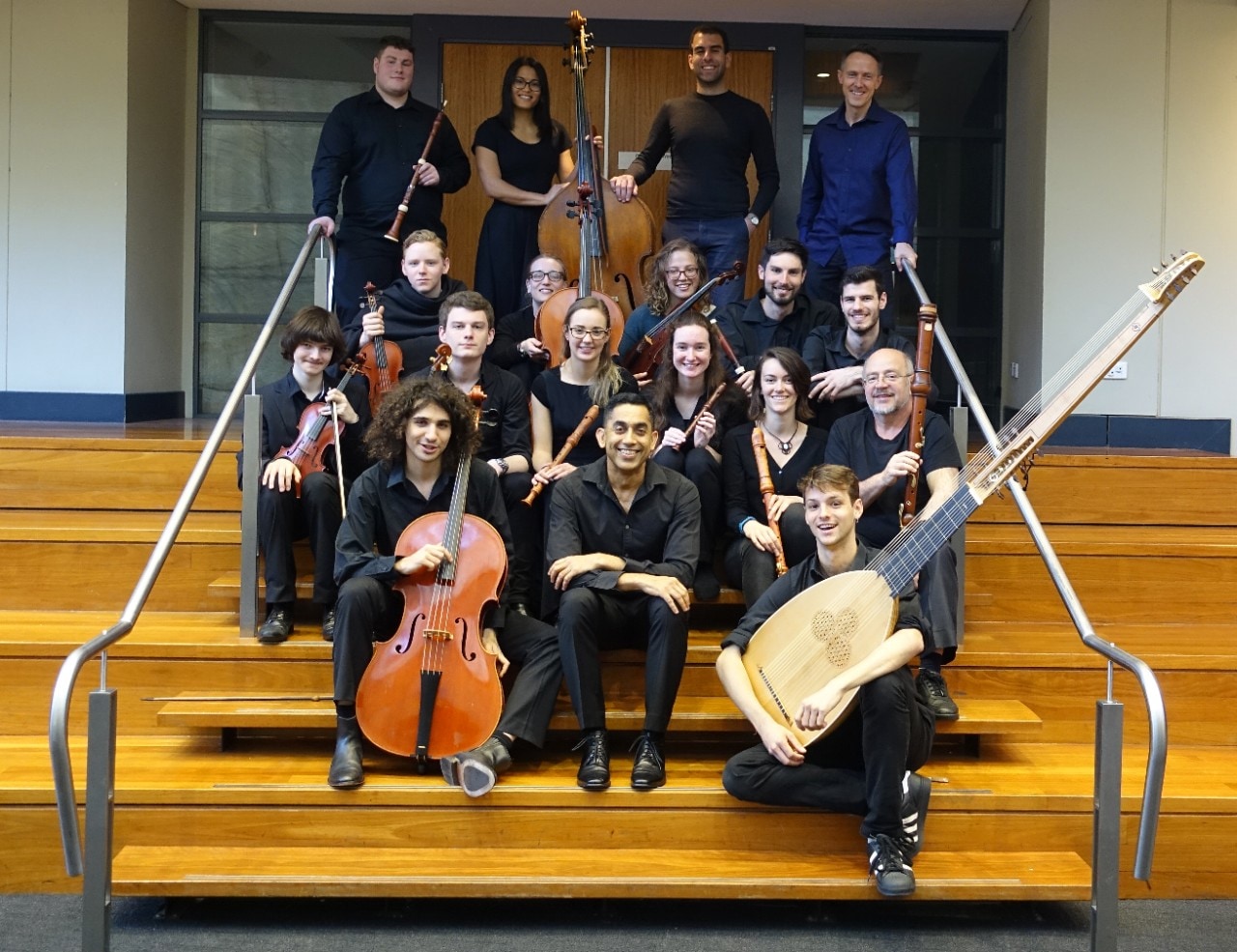 Associate Professor Neal Peres Da Costa (centre) with part of the Early Music Ensemble of tertiary students from the Con heading on the regional NSW tour.
