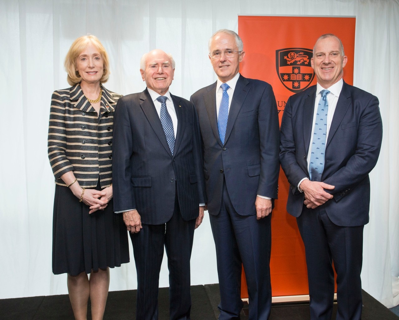 Chancellor Belinda Hutchinson, former Prime Minister John Howard, Prime Minister Malcolm Turnbull and Vice-Chancellor Dr Michael Spence. 