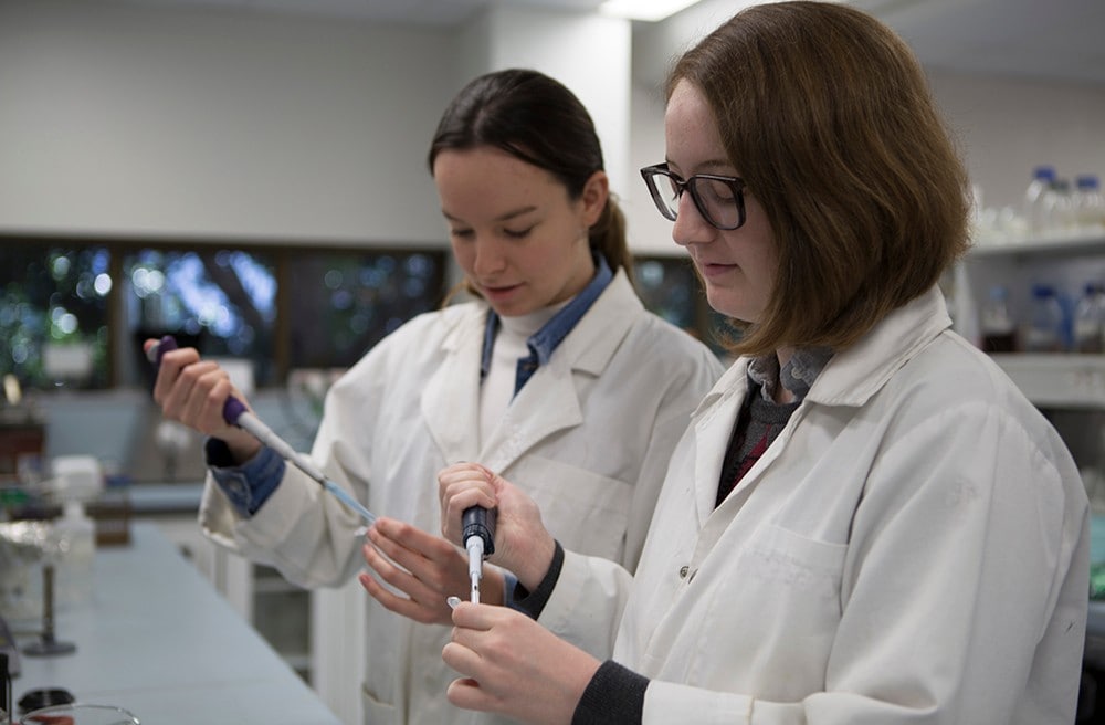 Courtney Pratt (left) and Ruby Dawes (right) pipetting samples in the lab.