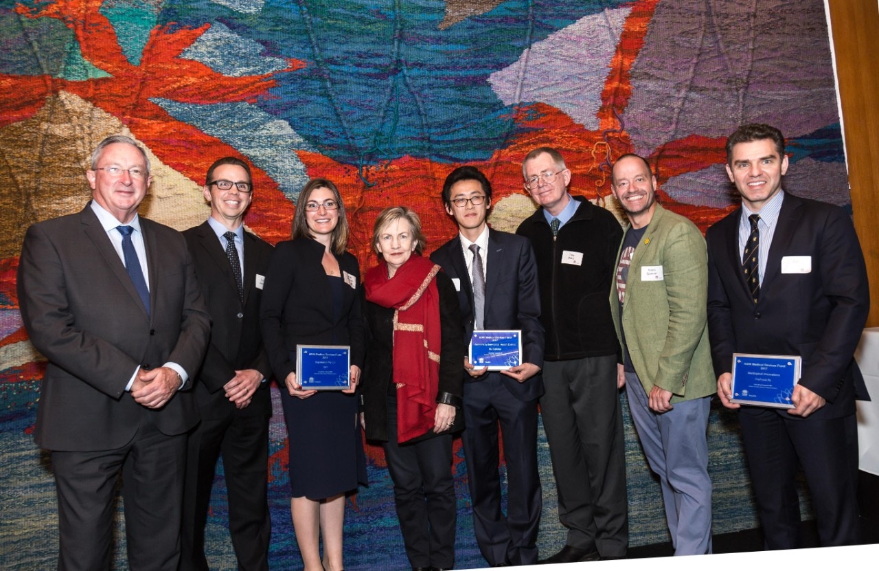 The inventors of the medical devices awarded Medical Device Fund grants this week, including Sarah McDonald (third from left), Dr Pierre Qian (fifth from left) and Tony Barry (sixth from left). 