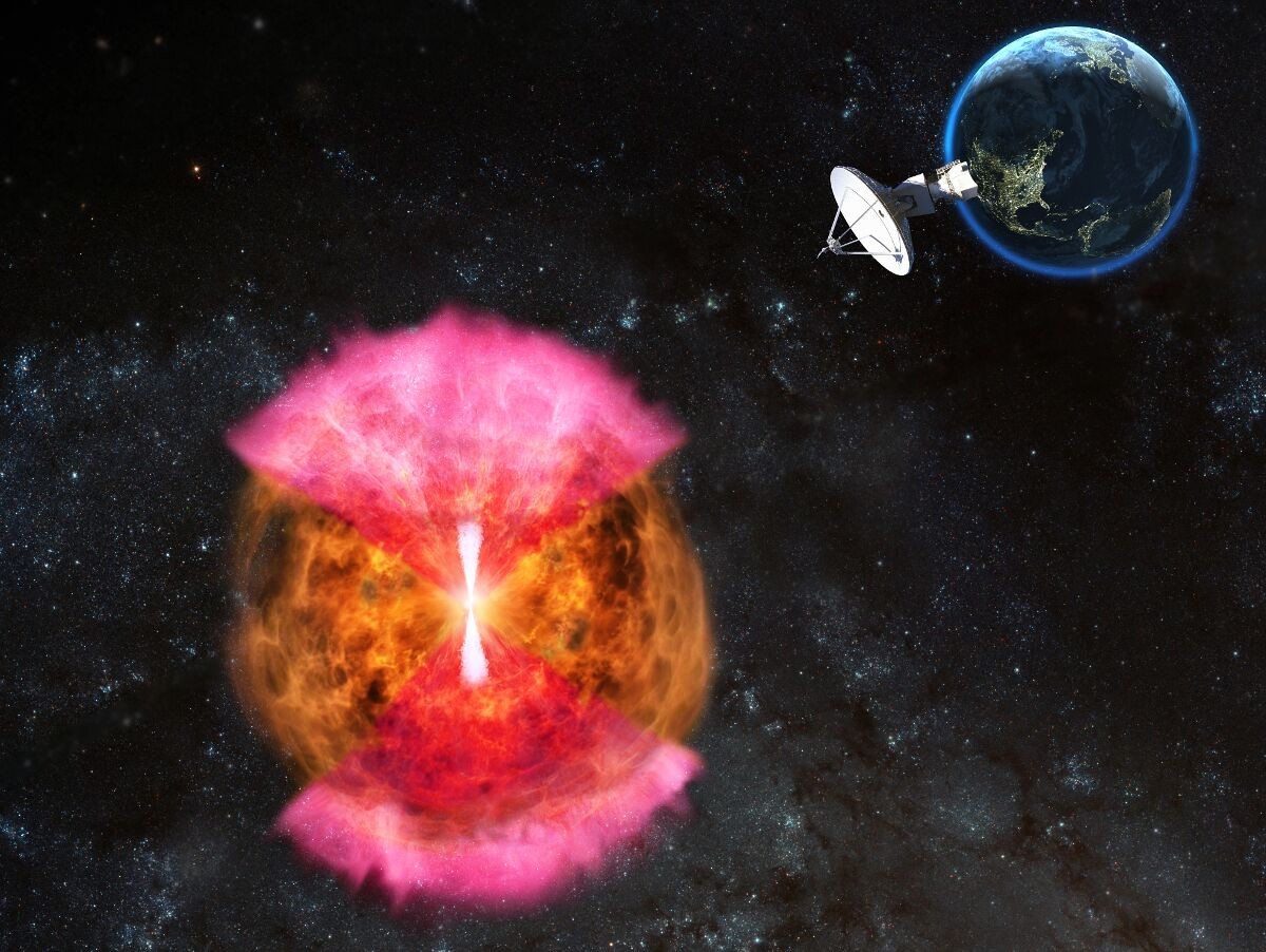 A hidden or 'choked' jet (white) powering a radio-emitting 'cocoon' (pink) is the best explanation for the radio waves, gamma rays and X-rays the astronomers observed. Credit: NRAO/AUI/NSF: D. Berry 