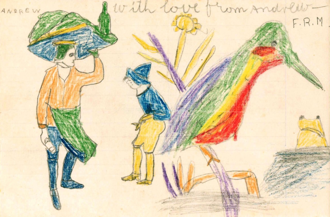 A child's drawing of animals and people.