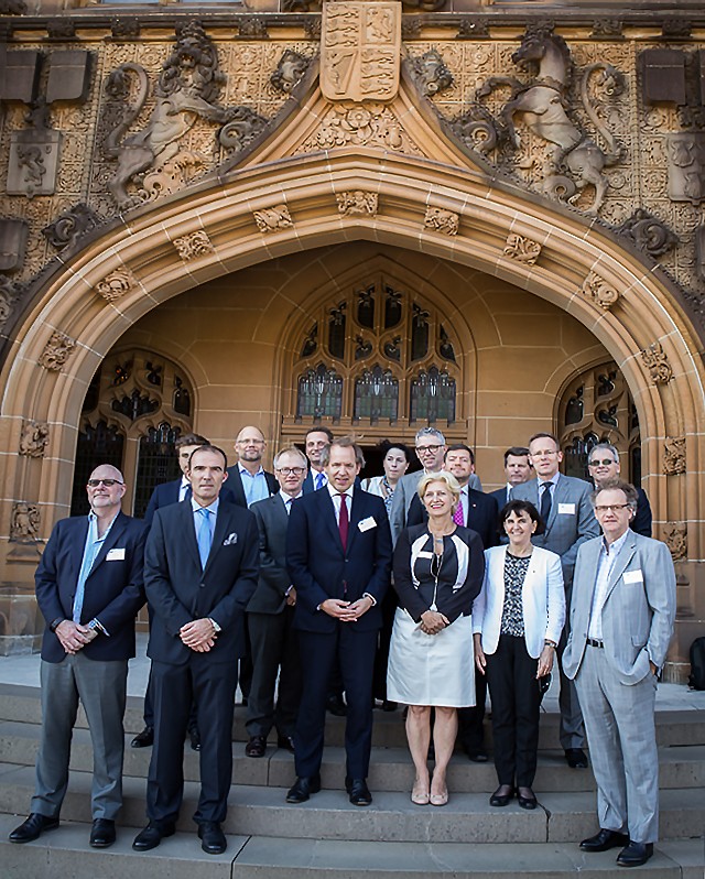 Ambassador of the Federal Republic of Germany to Australia, Her Excellency Dr Anna Prinz (front row, third from right) with Founding Director of AINST Professor Thomas Maschmeyer (front row, far right), next to new AINST Director Professor Susan Pond, Deputy Vice-Chancellor (Research) Professor Duncan Ivison (front row, fourth from right) and others. 
