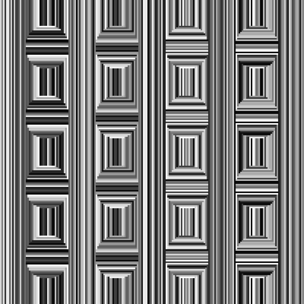 Black, grey and white lines that make sunken rectangles and risen circles.