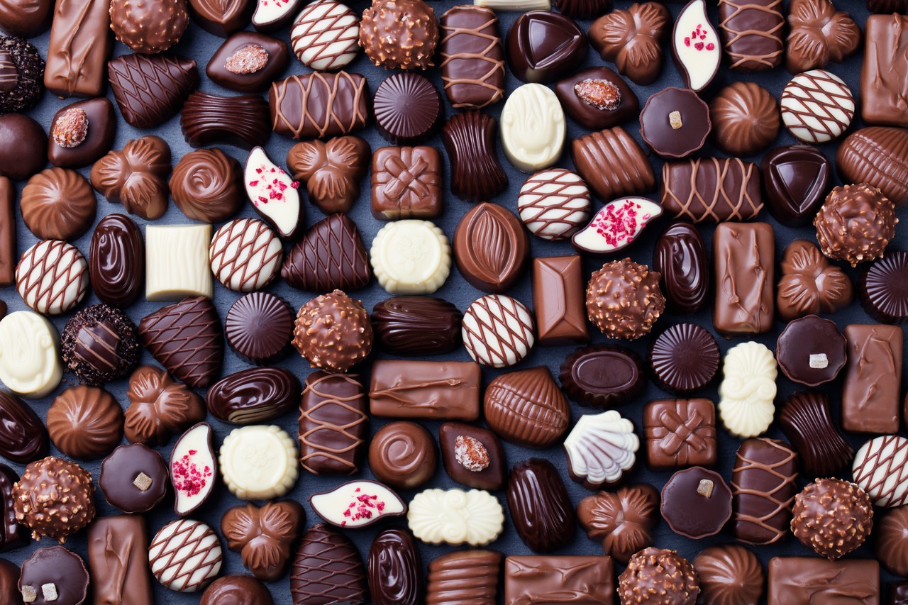 An assortment of white, milk and dark chocolates