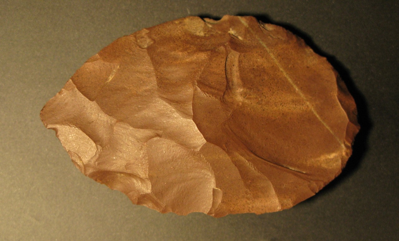 A stone tool thought to be a speartip made from rock sourced over 100km to the east of the cave. Photo: Miroslav Kralík