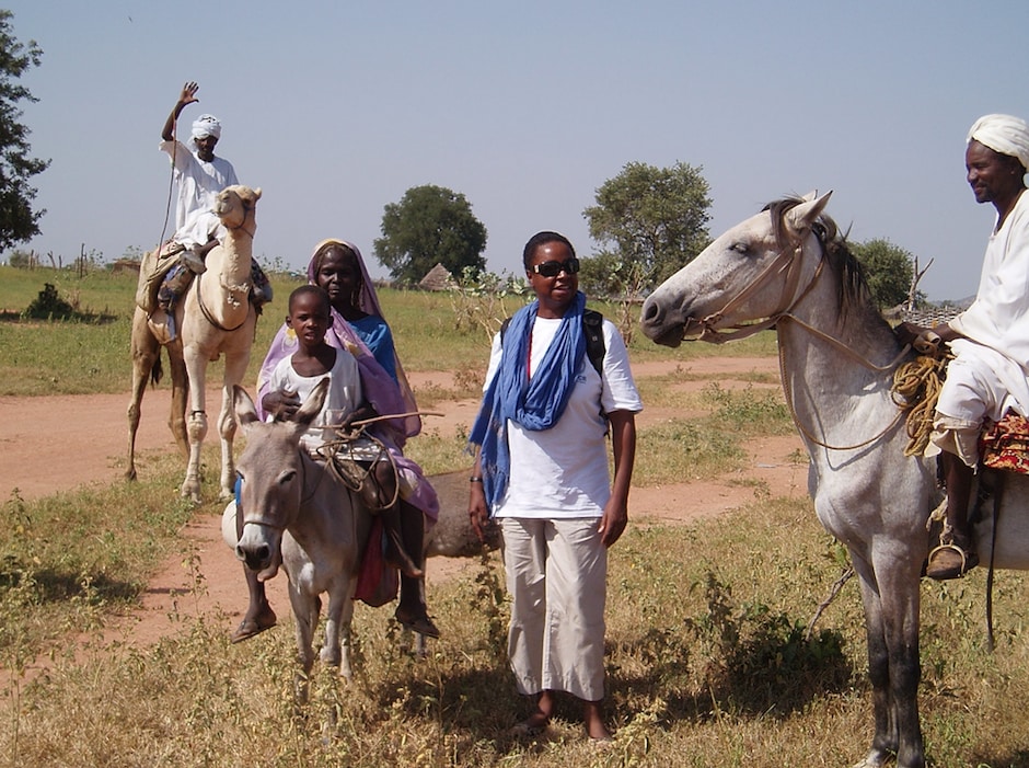 One of Wellsley-Cole's favourite photographs because it shows all three modes of traditional local transport (camel, donkey, horse). Taken during a hospital rehabilitation project in Darfur, Sufan, in 2009 (photo supplied).