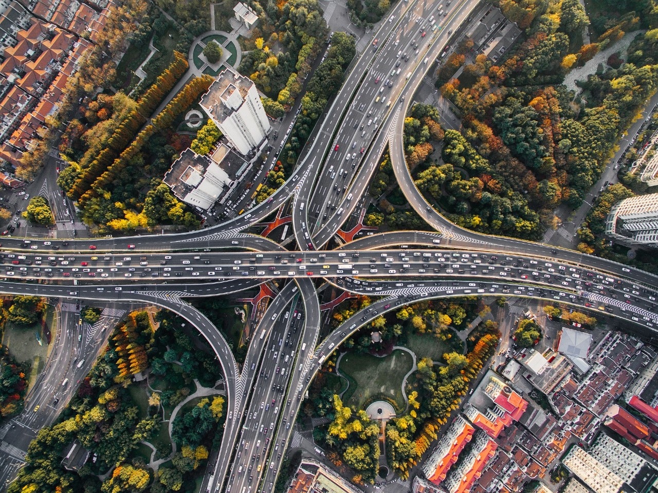 A busy motorway from above.