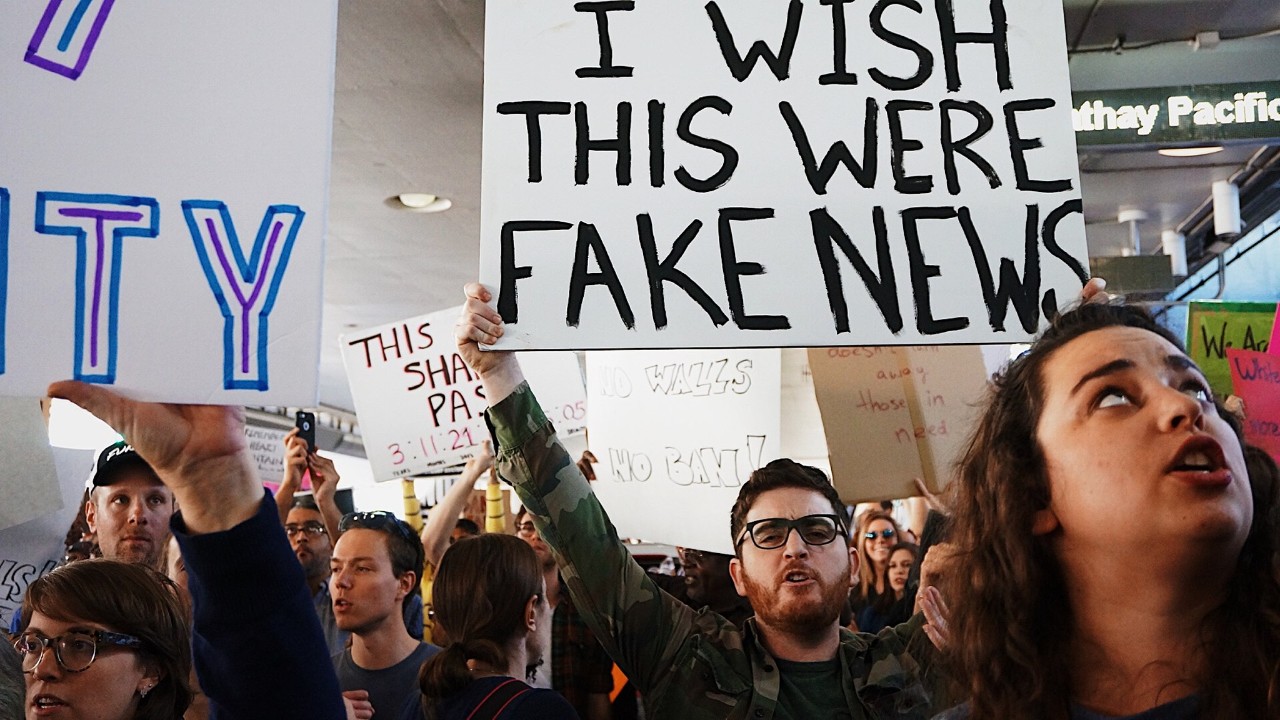 Protestors oppose fake news. Image courtesy Wikimedia Commons.